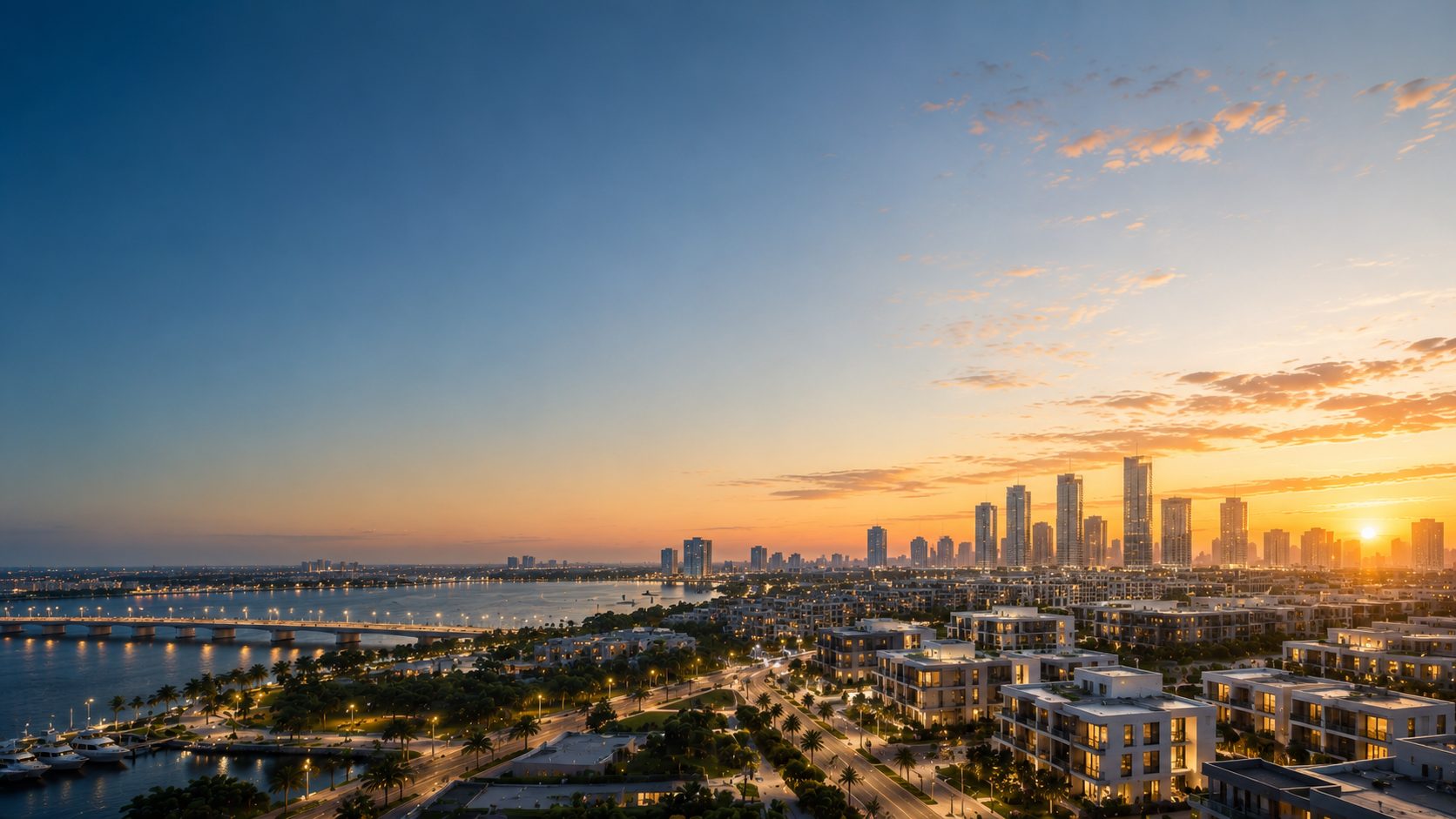 Coastal city skyline at dusk